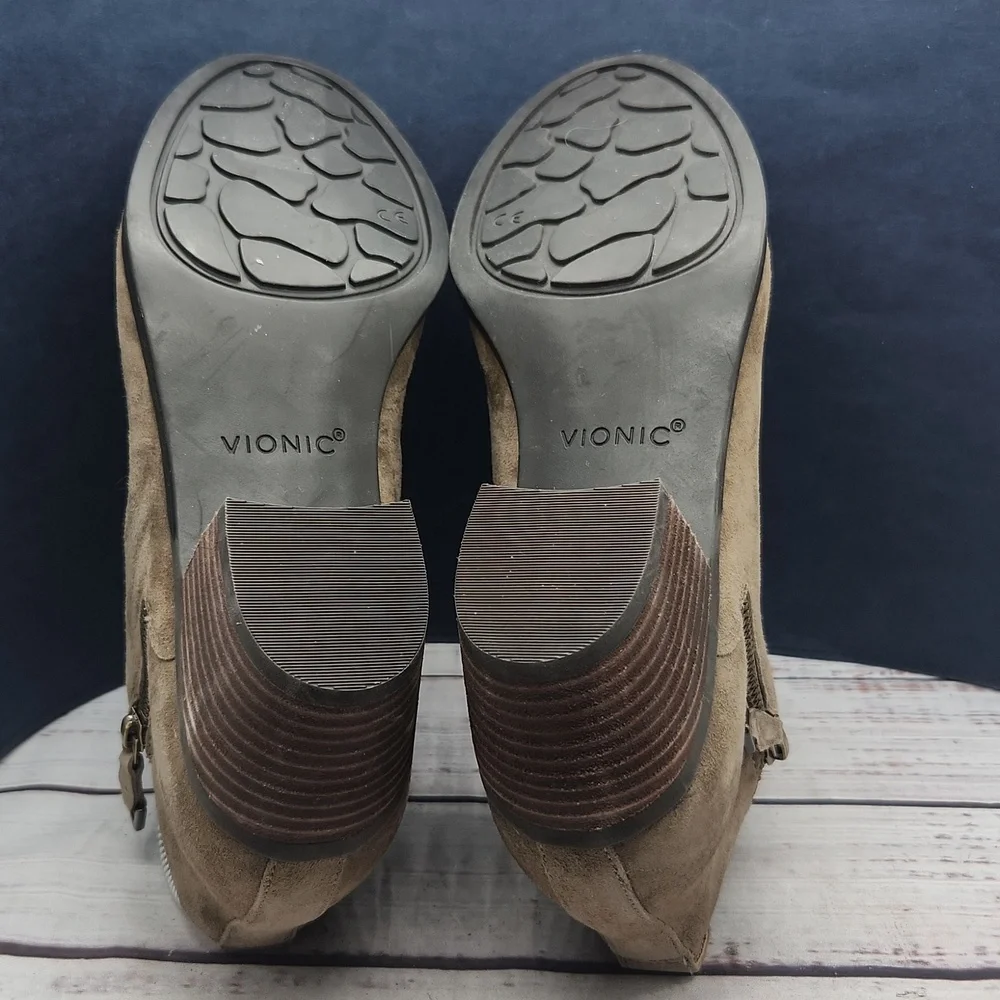 Vionic Cecily‎ Suede Nubuck Leather Side Zip Ankle Booties Stone Tan Size 8